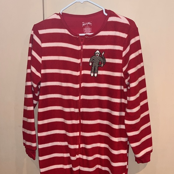 Nick & Nora footed red white sock monkey pajamas adult size small - Picture 2 of 12